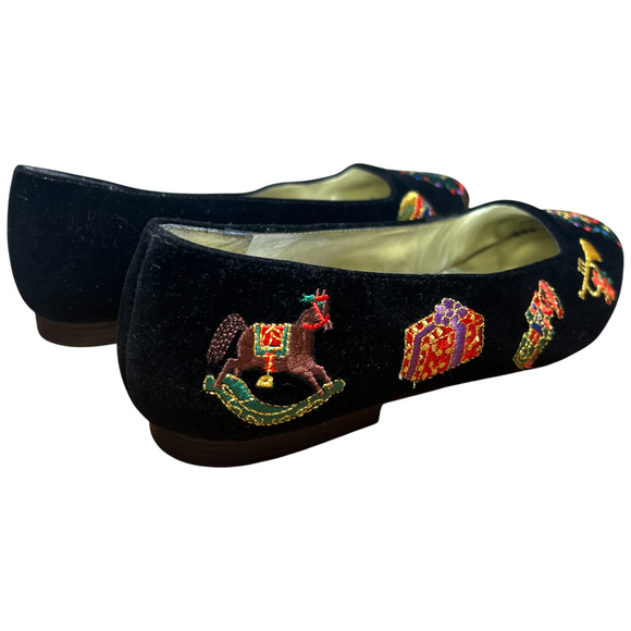 Vtg DONNA LAWRENCE Toya Women 7M Black Velvet Christmas Slip On Shoes XMAS Flats - Picture 7 of 16